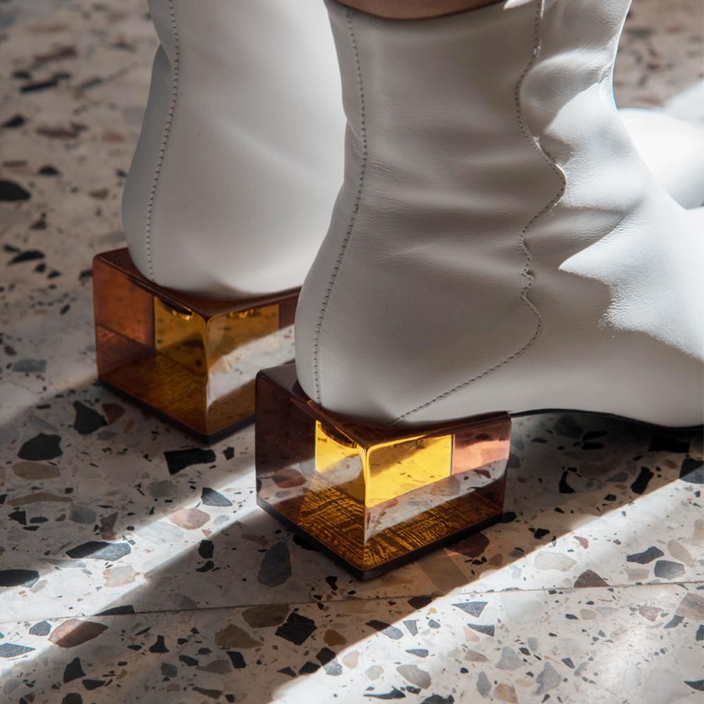 STATUETTE - White Leather Mid Heel Boots